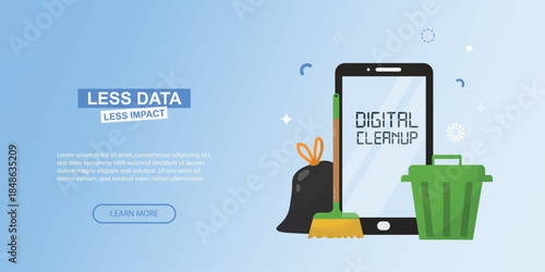 Less data less impact digital cleanup banner. Flat digital cleanup banner featuring “Less data, less impact” sustainability message. Digital cleanup concept. Clear data memory. Vector illustration