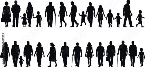 Family walking silhouette vector set showing parents, children, and adults in everyday poses isolated on white background for lifestyle, community, and urban design