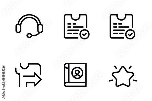 Set of 6 black and white line icons for customer service, data, and business achievements