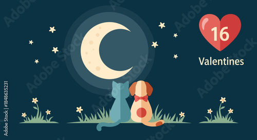 Cat and Dog Watching the Moon Valentines Illustration.