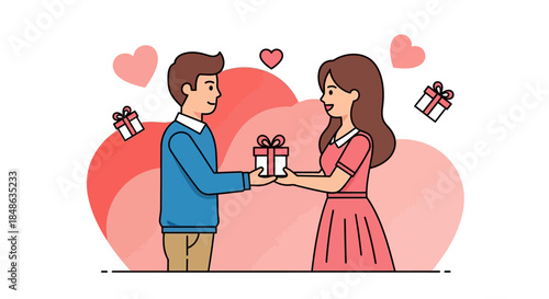 Cartoon Man Giving Gift to Woman with Hearts and Presents.