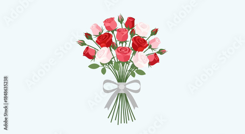 Elegant Bouquet of Red and Pink Roses with Ribbon.