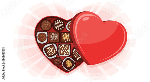 Heart-Shaped Box of Chocolates with Red Lid Open.