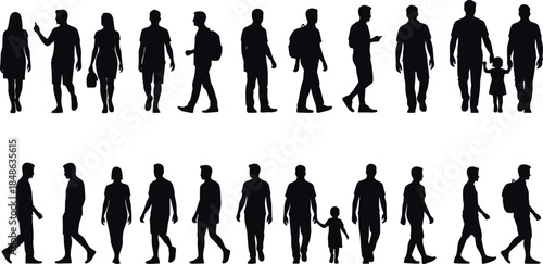 People walking silhouette vector collection featuring men, women, and children in casual poses isolated on white background for urban lifestyle and crowd design