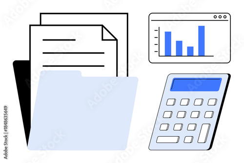 Accounting, data analysis, documentation, financial planning, records management, business reports. Papers, folder calculator bar chart. Accounting and data analysis concepts