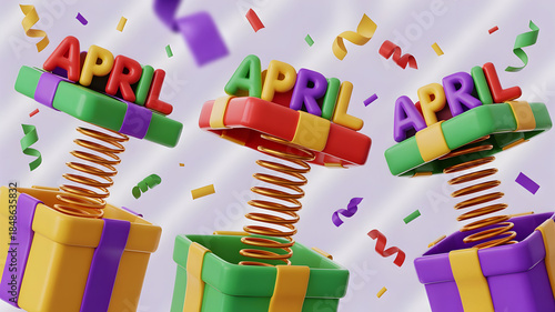 Colorful april birthday celebration with confetti and gift boxes