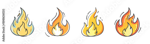 Collection of hand-drawn vibrant fire flame icons for warmth and energy concepts