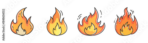 A collection of hand-drawn cartoon fire icons displaying various flame styles and intensities