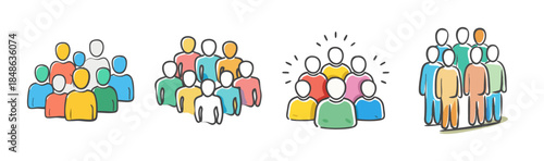 Diverse groups of stylized people forming communities, teams, and social networks illustration