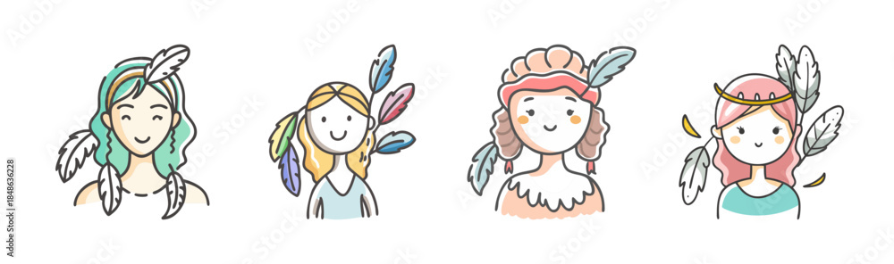 Fototapeta premium Cute doodle characters with natural and bohemian inspired feather and leaf adornments