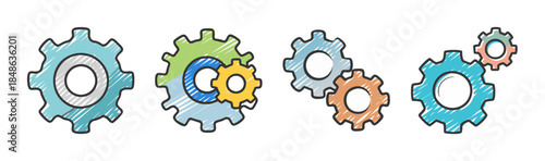 Colorful hand-drawn gears illustration depicting teamwork, settings, and mechanical process