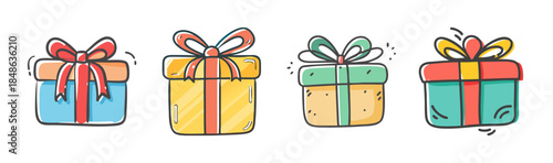 Colorful hand-drawn gift boxes with ribbons, perfect for celebrations and holidays