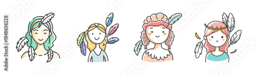 Cute doodle characters with natural and bohemian inspired feather and leaf adornments
