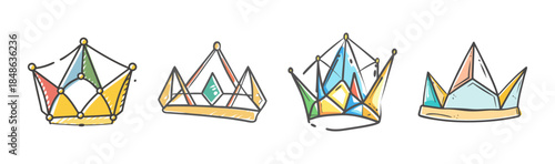 A vibrant collection of whimsical geometric crowns in a hand-drawn watercolor style