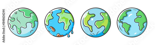 Illustrations showing different states of earth highlighting climate change and global warming