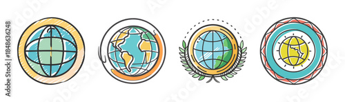 A collection of hand-drawn globe icons illustrating global communication and connection