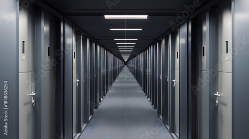 circumlocution. Endless corridor of identical gray office doors with numbered plaques, symmetrical perspective. real-estate listings.