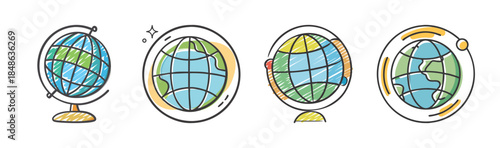 Hand drawn doodle globes and earth icons set showcasing world maps and various planet designs