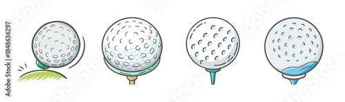 Illustrative set of golf balls on various types of tees showcasing different styles