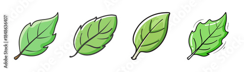 A collection of fresh green leaves showing various shapes and conditions in cartoon style