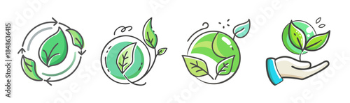 Ecological and environmental concepts: a set of green leaf icons representing nature and sustainability