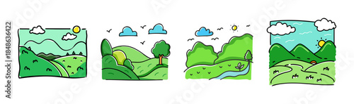 Lively cartoon landscapes illustrating vibrant nature scenes with hills, sun, and clouds