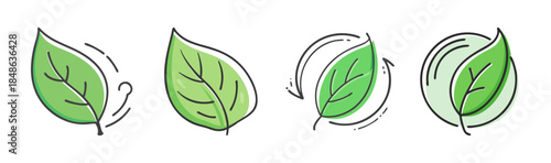 A vibrant collection of green leaf icons representing nature, sustainability, and ecological cycles