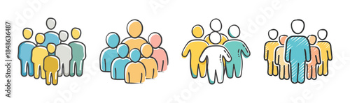 Diverse groups of stylized people icons representing community, teamwork, and social connection