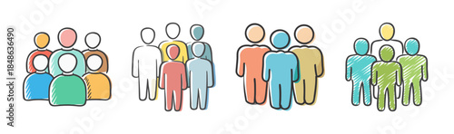Diverse colorful hand-drawn people group icons representing community and team