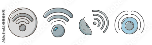 A collection of hand-drawn wireless signal and wi-fi icons in a doodle style