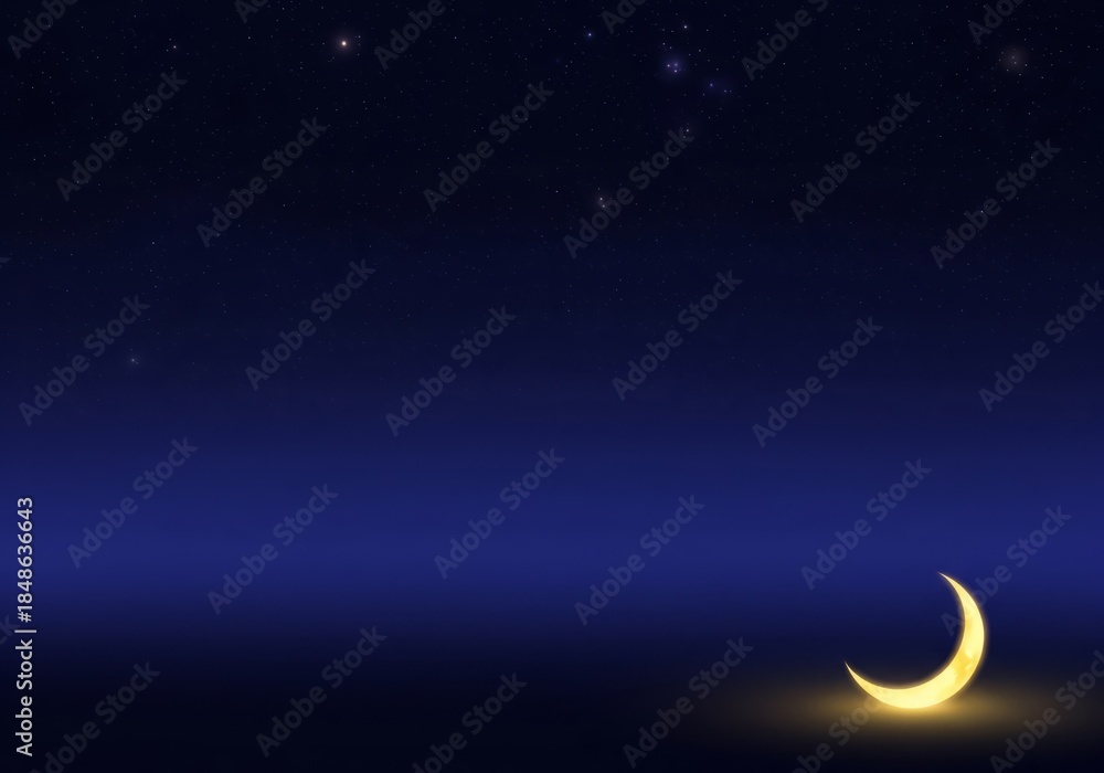 Fototapeta premium Golden Crescent Moon Glowing in a Deep Blue Starry Night Sky with Cosmic Nebula and Copy Space