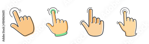 Animated hand tap and click gesture icons for touch screen interface and digital interaction
