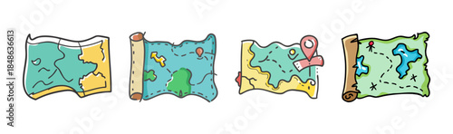 Charming collection of four hand-drawn adventure and treasure maps for exploration