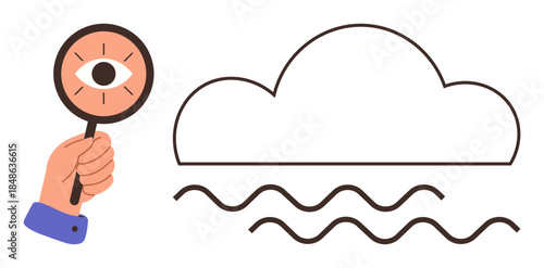 Hand holding magnifying glass with an eye, analyzing a cloud shape above wavy water lines. Ideal for data analysis, cloud technology, environmental study, weather forecast, exploration, curiosity