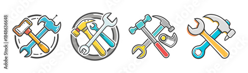 Collection of colorful cartoon style crossed hammer and wrench icons representing repair and service