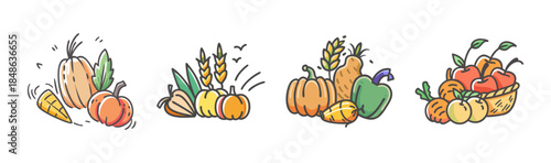 Assorted fresh autumnal produce illustration with pumpkins, apples, and vegetables in a charming doodle