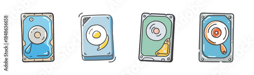 Cute cartoon hard drive icons representing digital data storage and technology