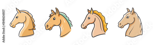 A collection of charming cartoon horse head illustrations featuring diverse mane colors