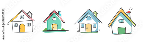 A whimsical row of colorful, hand-drawn houses with charming details and playful simplicity