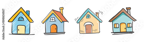 A charming collection of hand-drawn cartoon houses in various colors and styles