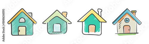 A row of charming hand-drawn whimsical house icons with sketch effect for illustration