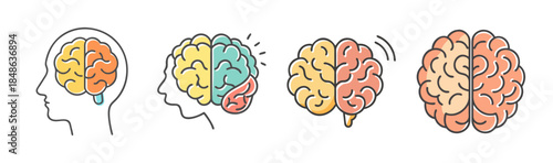 Human brain activity and mental health icons depicting cognitive functions and thought processes