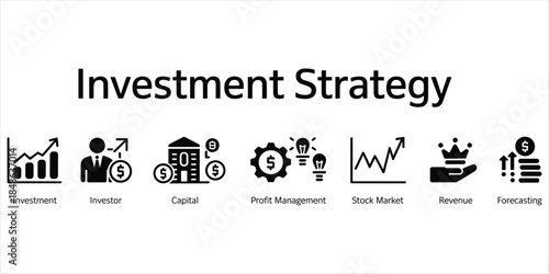 Investment strategy infographic with icons and text for business concepts Keywords: investment, strategy, business, finance