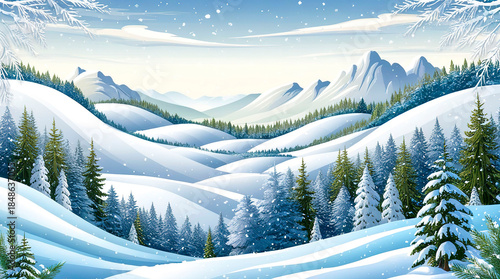 Panoramic winter landscape with wide snowy fields, smooth snowdrifts, soft light, calm and pristine mood.