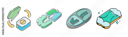 Isometric icons illustrating various aspects of medication, health, and wellness