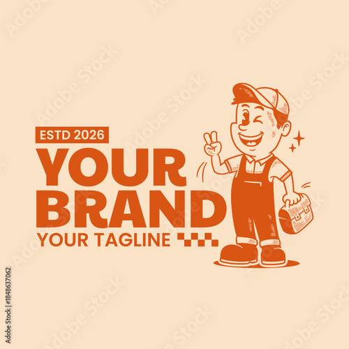 Retro handyman mascot character illustrated in a classic hand-drawn vintage cartoon style. This vector illustration is suitable for logo templates, repair service branding