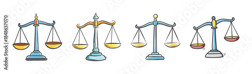 Hand-drawn illustration set of weighing scales symbolizing justice, balance, and fairness