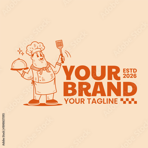 Retro chef mascot character illustrated in a classic hand-drawn vintage cartoon style. This vector illustration is suitable for restaurant and culinary branding, logo template, food business identity