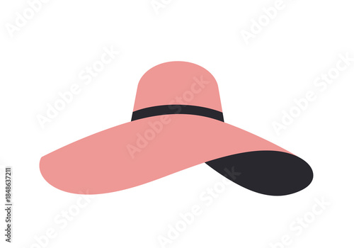 A pink sun hat with a black ribbon and brim viewed from the front