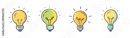 A set of hand-drawn illuminated lightbulbs representing ideas, creativity, and innovation